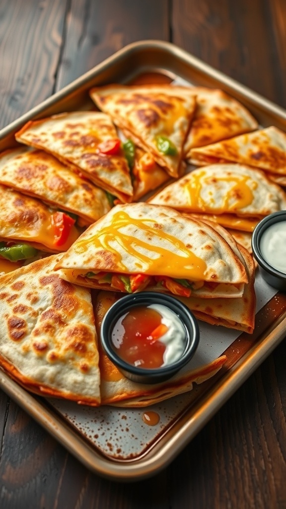 Crispy sheet pan quesadillas filled with cheese and vegetables, served with salsa and sour cream.